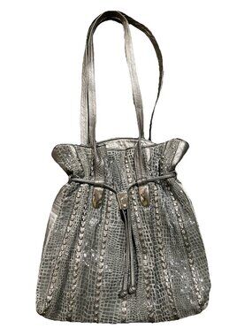 Silver Pewter Studded Leather Shoulder Bag Reptile Animal Print USA Mina